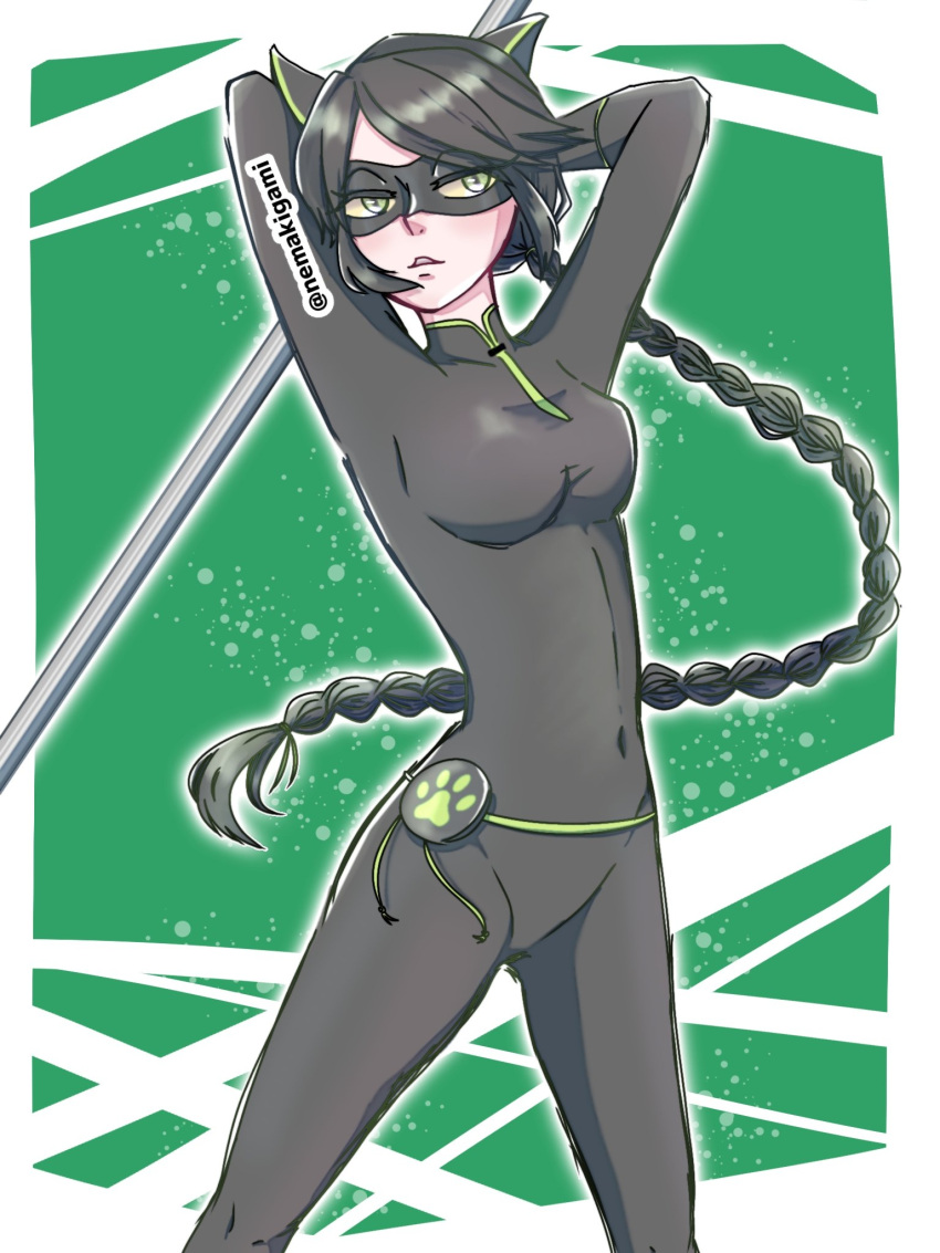 1girl animal_ears black_bodysuit black_hair black_mask bodysuit braid cat cat_ears cat_girl green_background green_eyes highres lady_noir long_hair looking_to_the_side marinette_dupain-cheng miraculous_ladybug nemakigami single_braid slit_pupils solo superhero_costume