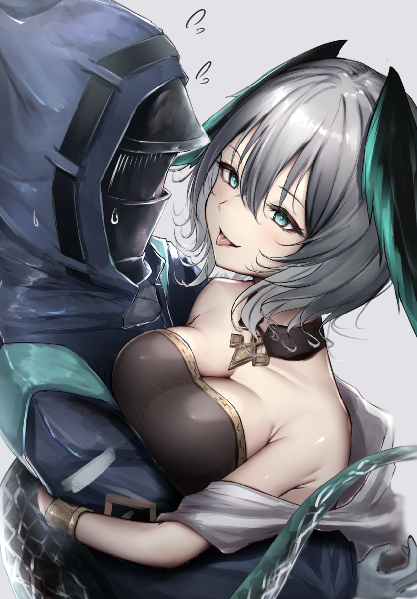 1girl 1other ambience_synesthesia arknights bare_shoulders black_dress black_feathers blush bracelet breasts cleavage doctor_(arknights) dress feathers green_eyes green_feathers grey_background grey_hair head_wings highres ho'olheyak_(arknights) ho'olheyak_(carriage_of_the_winds_of_time)_(arknights) hood hooded_coat hug jewelry medium_hair official_alternate_costume pendant_choker poni_(poni_arknights) snake_tail sweatdrop tail tongue tongue_out wings
