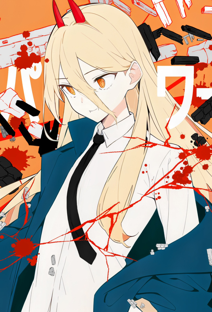 1girl artistic_error black_necktie blonde_hair blood blue_coat chainsaw_man character_name coat collared_shirt cowboy_shot cross-shaped_pupils debris demon_girl demon_horns dot_nose fang hair_between_eyes hair_intakes highres horns its_(pixiv_61283676) long_hair looking_to_the_side necktie open_clothes open_coat power_(chainsaw_man) red_horns shirt sidelocks smile solo symbol-shaped_pupils white_shirt