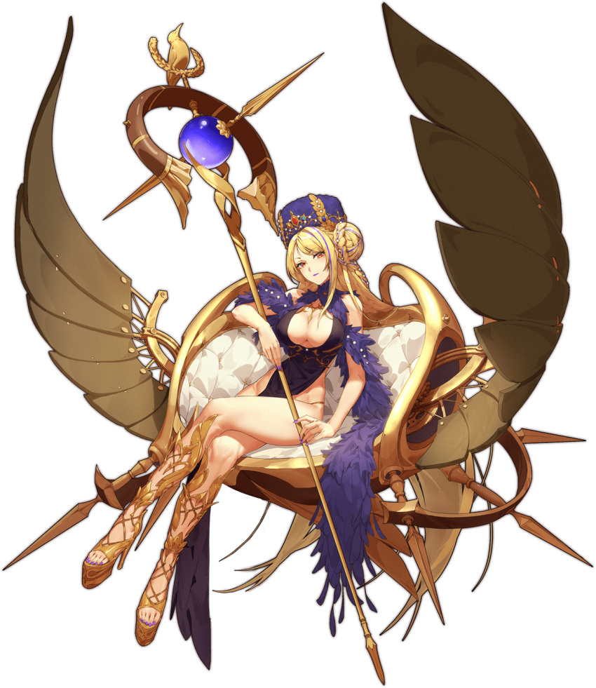 1girl ark_order artist_request bare_shoulders blonde_hair blue_gemstone boots bracelet braid braided_bun breasts center_opening cleavage_cutout clothing_cutout couch crossed_legs crown dress feather_boa feathers floating full_body gem gold_bracelet gold_footwear hair_bun hat head_tilt hera_(ark_order) high_heels highres holding holding_staff jewelry knee_boots large_breasts long_hair looking_at_viewer mechanical_wings mole mole_under_eye multicolored_hair nail_polish official_art one_side_up pearl_bracelet pearl_hair_ornament pelvic_curtain platform_footwear purple_dress purple_feathers purple_hair purple_hat purple_lips purple_nails purple_shawl sandals shawl sideless_outfit sidelocks sitting sleeveless sleeveless_dress solo sparkle staff streaked_hair tachi-e throne toenail_polish toenails toes transparent_background very_long_hair wings yellow_eyes