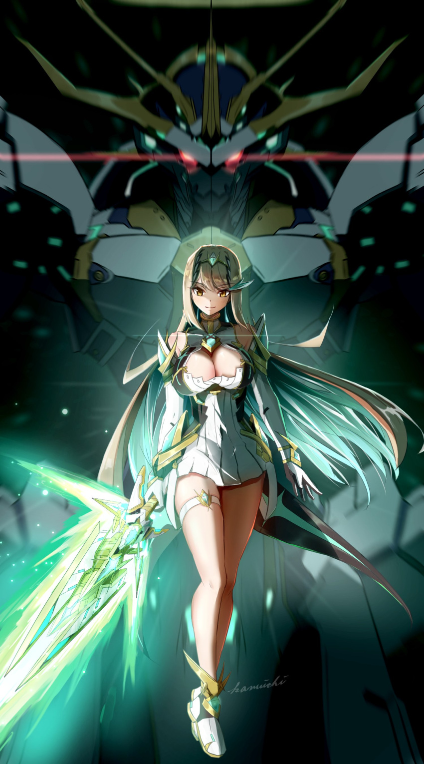 1girl absurdres aegis_sword_(xenoblade) artist_name blonde_hair breasts chest_jewel cleavage energy_sword glowing glowing_eyes highres holding holding_sword holding_weapon kanuici336 large_breasts long_hair mecha mythra_(xenoblade) robot sword thigh_strap tiara very_long_hair weapon xenoblade_chronicles_(series) xenoblade_chronicles_2 yellow_eyes