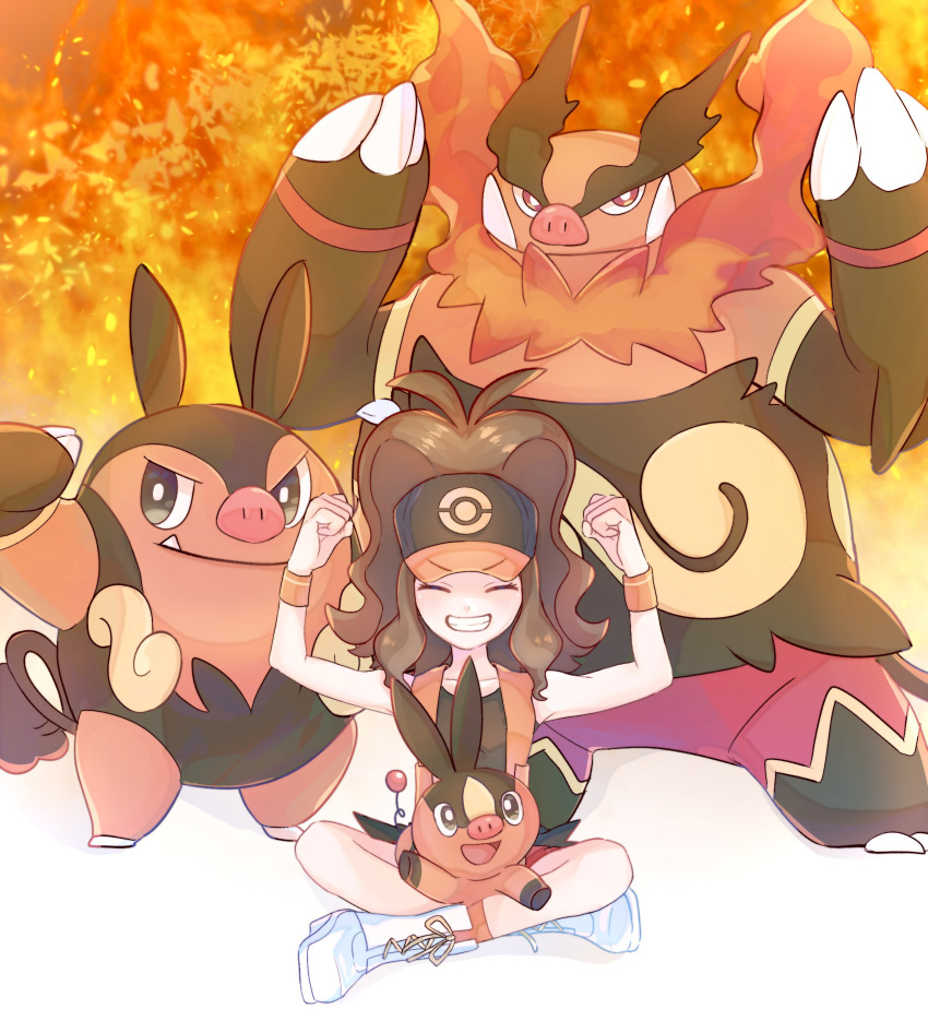 1girl absurdres alternate_color antenna_hair boots brown_hair clenched_hands closed_eyes emboar evolutionary_line fire grin hat highres hilda_(pokemon) long_hair mixed-language_commentary on_lap open_clothes open_vest orange_socks orange_vest orange_wristband pignite pokemon pokemon_(creature) pokemon_masters_ex pokemon_on_lap ryusa_(gjgd7445) sidelocks sitting smile socks teeth tepig vest white_footwear