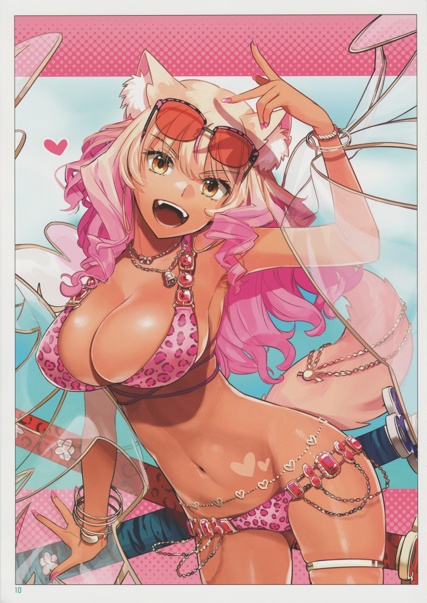 1girl absurdres animal_ear_fluff animal_ears bikini blonde_hair bracelet breasts brown_eyes eyewear_on_head fate/grand_order fate/grand_order_arcade fate_(series) highres jewelry katana large_breasts long_hair looking_at_viewer multicolored_hair navel necklace open_mouth pink_hair scan sheath sheathed shiny_skin smile solo stomach sunglasses suzuka_gozen_(fate) swimsuit sword tail takenoko_seijin tan teeth thigh_strap thighs upper_teeth_only weapon