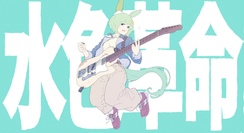 1girl absurdres animal_ears aqua_background belt blue_jacket breasts brown_footwear brown_pants earrings electric_guitar fender_telecaster green_eyes green_hair guitar hair_ornament highres holding holding_guitar holding_instrument holding_plectrum horse_ears horse_girl horse_tail instrument jacket jewelry jumping long_sleeves looking_at_viewer number_girl open_clothes open_jacket open_mouth pants plectrum seiun_sky_(umamusume) shirt shoes short_hair single_earring small_breasts smile sneakers solo tail takahashi_(user_ctpu5572) umamusume white_shirt