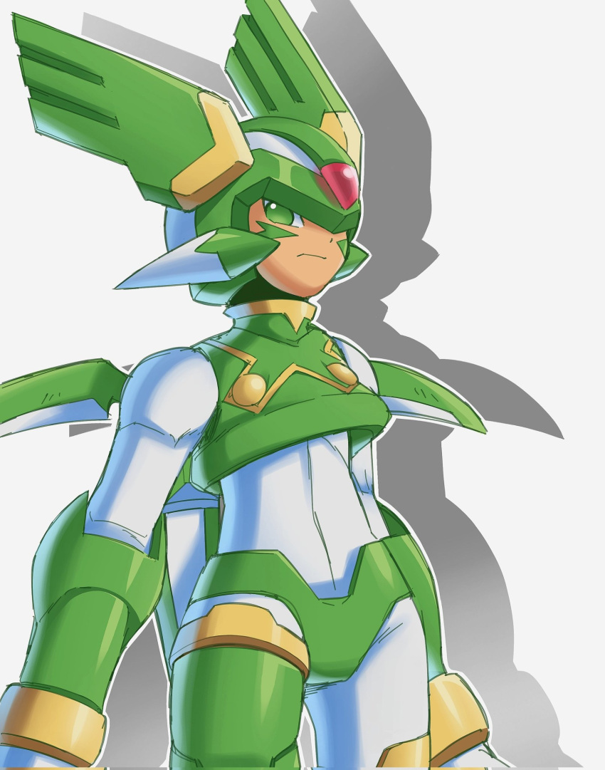 1boy ann_324 armor boots cowboy_shot crop_top facial_hair forehead_jewel green_armor green_eyes green_helmet head_wings highres looking_at_viewer mechanical_wings mega_man_(series) mega_man_zero_(series) sage_harpuia_(mega_man) shadow simple_background solo thigh_boots white_background wings