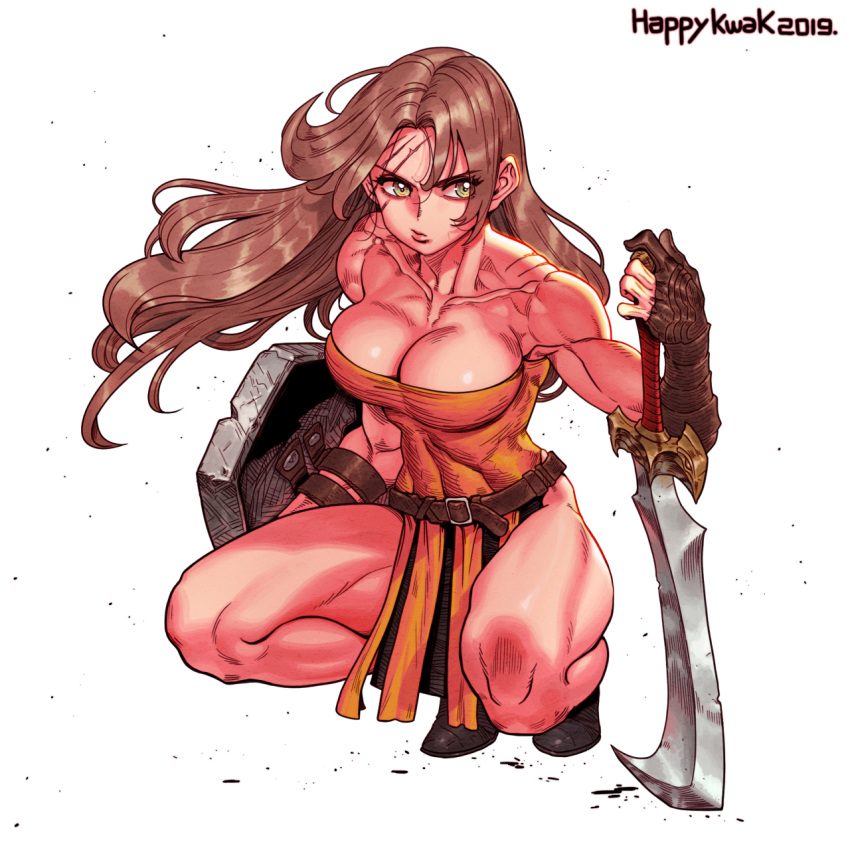 1girl 2019 abs boots breasts brown_hair cleavage crop_top fingerless_gloves frown gloves green_eyes highres jun_sung_kwak kneeling large_breasts long_hair looking_to_the_side muscular muscular_female original shield signature solo sword thick_thighs thighs toned weapon white_background