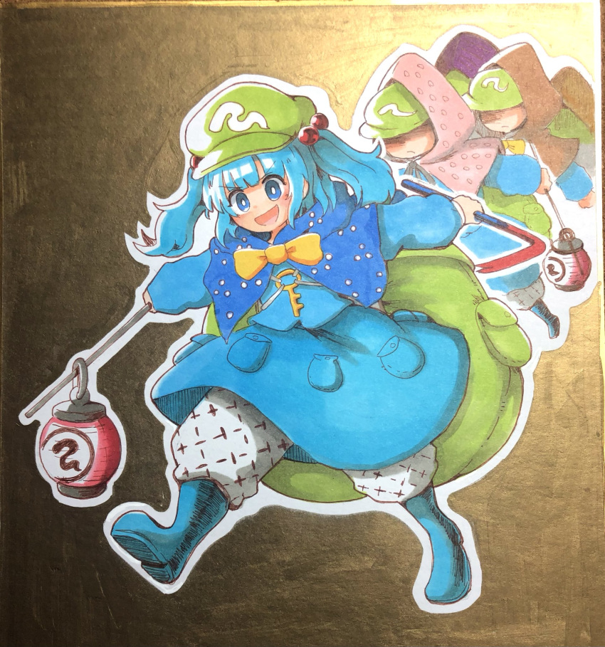 :d backpack bag blue_capelet blue_eyes blue_footwear blue_hair boots bright_pupils capelet commentary full_body green_hat hair_bobbles hair_ornament highres hurin_raika kappa_mob_(touhou) kawashiro_nitori lantern open_mouth outline rubber_boots smile solo_focus touhou traditional_media two_side_up white_outline white_pupils yellow_capelet