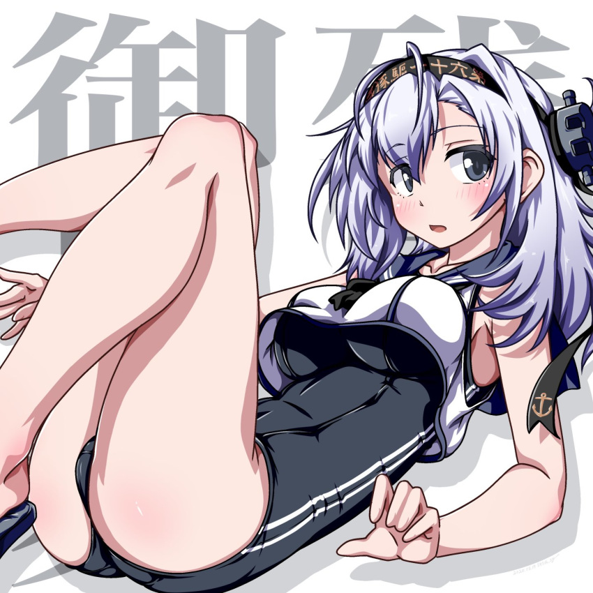 1girl 547th_sy anchor_symbol background_text bangs black_neckwear black_swimsuit blush breasts clothes_writing cosplay eyebrows_visible_through_hair grey_hair hachimaki headband headgear highres kantai_collection large_breasts one-piece_swimsuit open_mouth ro-500_(kantai_collection) ro-500_(kantai_collection)_(cosplay) sailor_collar sandals silver_hair simple_background solo suzutsuki_(kantai_collection) swimsuit swimsuit_under_clothes white_background