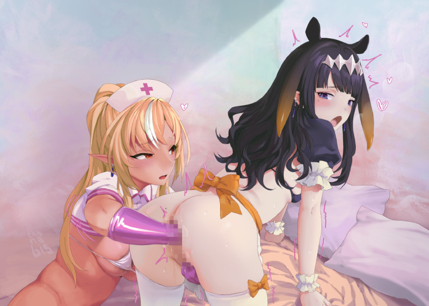 2girls alternate_costume anal anal_fisting ass bent_over blonde_hair blue_eyes bow censored dark-skinned_female dark_skin diamond_hairband elf fisting gloves gradient_hair hat hololive hololive_english long_hair mosaic_censoring multicolored_hair multiple_girls ninomae_ina'nis nurse_cap open_mouth orange_hair pillow pointy_ears purple_hair red_eyes shiranui_flare sidelocks streaked_hair tentacle_hair thanabis thighhighs trembling virtual_youtuber white_thighhighs