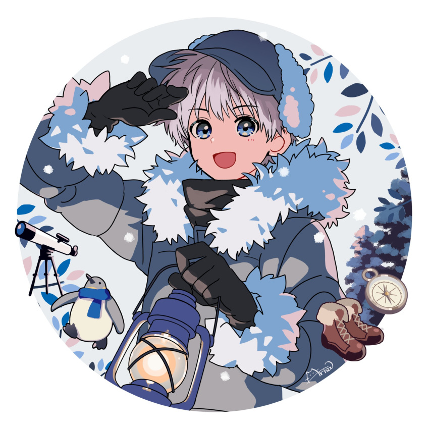 1boy :d animal ankle_boots arisa_(aren) arm_up bird black_gloves blue_eyes blue_hat blue_scarf boots border brown_footwear compass fur-trimmed_headwear fur-trimmed_jacket fur-trimmed_sleeves fur_trim gloves grey_hair grey_jacket hat highres holding holding_lantern jacket lantern long_sleeves looking_at_viewer male_focus open_mouth original penguin round_image scarf short_hair signature smile solo telescope unworn_boots upper_body white_border