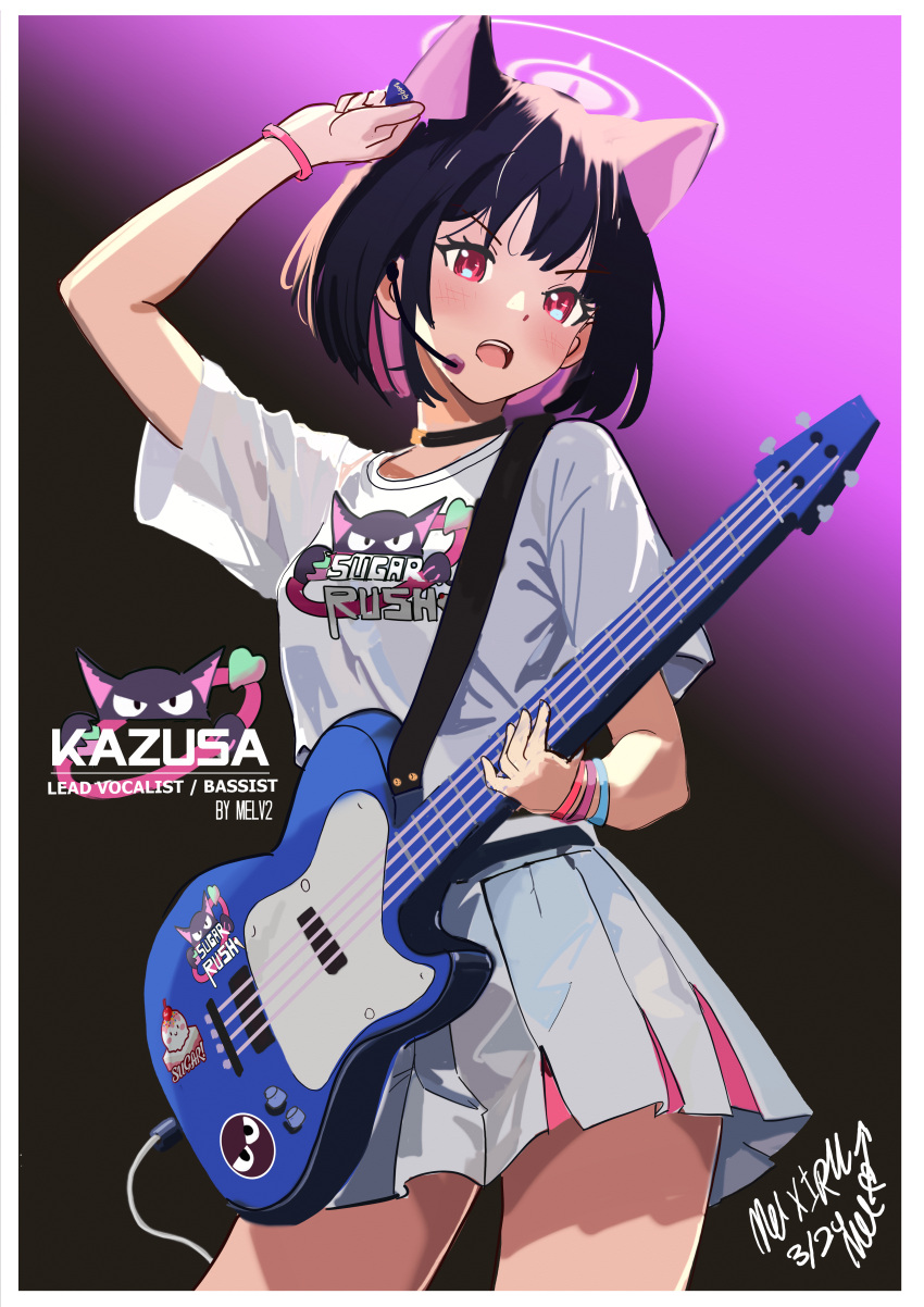 1girl absurdres animal_ears arm_up artist_name black_background black_hair blue_archive blush border bracelet cat_ears character_name colored_inner_hair cowboy_shot gradient_background guitar highres holding holding_guitar holding_instrument instrument jewelry kazusa_(blue_archive) melissa_2.0 microphone miniskirt multicolored_hair open_mouth pink_background pink_hair pleated_skirt print_shirt red_eyes shirt short_sleeves skirt solo t-shirt two-tone_hair white_border white_shirt white_skirt