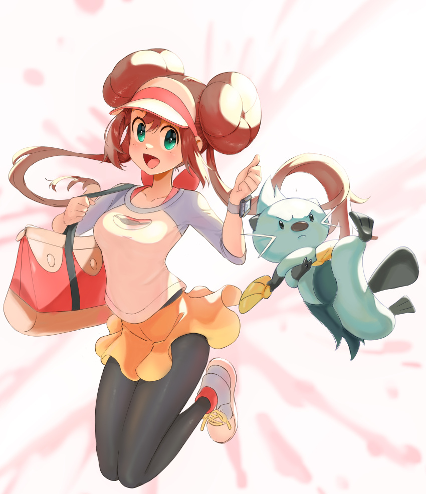 1girl :d absurdres bag breasts brown_hair collarbone commentary dewott double_bun green_eyes hair_bun highres holding_strap long_hair open_mouth pantyhose pink_bag pokemon pokemon_(creature) pokemon_bw2 raglan_sleeves rosa_(pokemon) shirt shoes short_shorts shorts smile sneakers symbol-only_commentary tongue twintails u4_99384295 visor_cap yellow_shorts