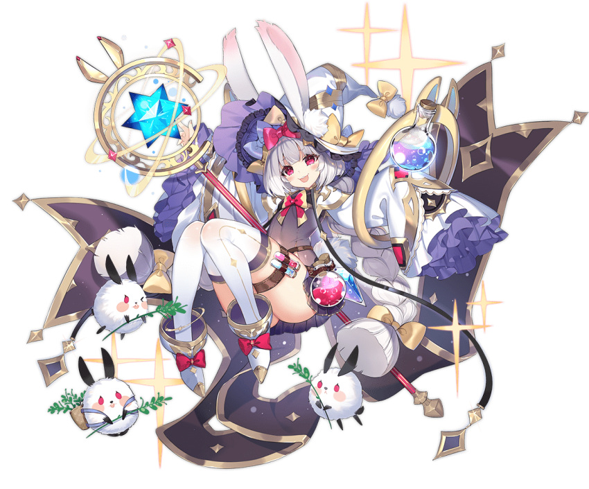 1girl :3 :d animal_ears ark_order ass black_skirt blush_stickers boots bow bowtie braid brown_leotard buck_teeth crystal flask footwear_bow frilled_sleeves frills full_body gold_trim hair_bow hat hat_bow hatoyama_itsuru holding holding_staff knees_together_feet_apart knees_up leotard long_hair long_sleeves looking_at_viewer official_art pink_bow pink_bowtie pink_eyes pleated_skirt pom_pom_(clothes) rabbit rabbit_(ark_order) rabbit_ears rabbit_girl rabbit_tail skirt sleeves_past_fingers sleeves_past_wrists smile solo sparkle staff steam stellated_octahedron tachi-e tail teeth test_tube thigh_strap thighhighs transparent_background twin_braids underwear very_long_hair vial white_footwear white_hair white_hat white_sleeves white_thighhighs witch_hat yellow_bow