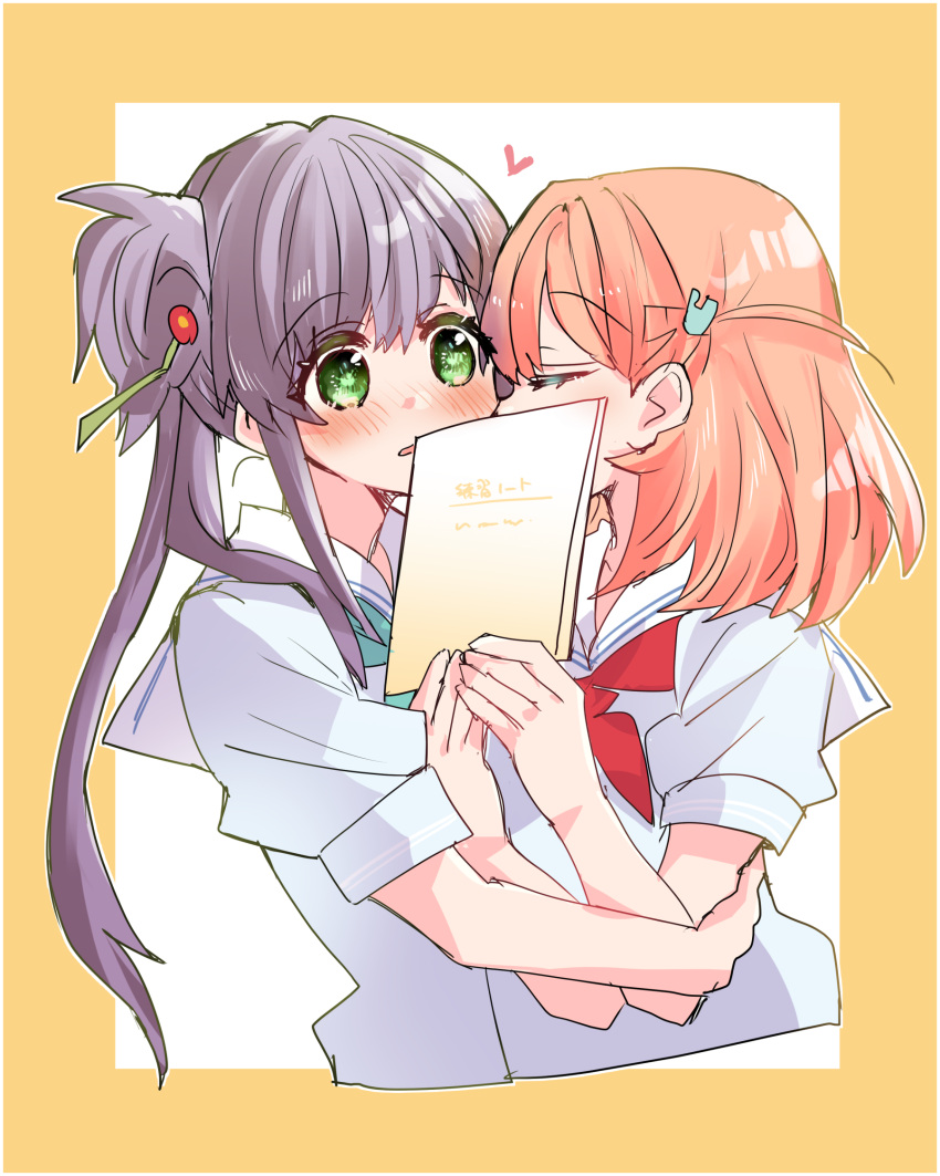 2girls aqua_neckerchief blush border cerise_bouquet closed_eyes commentary_request covering_own_mouth cropped_torso dress green_eyes hair_bun hair_ornament hand_on_another's_arm hasu_no_sora_school_uniform heart highres hinoshita_kaho holding holding_notebook kanduki_kamibukuro kiss kissing_cheek link!_like!_love_live! lone_nape_hair long_hair love_live! medium_hair multiple_girls neckerchief nose_blush notebook open_mouth orange_hair otomune_kozue outline outside_border purple_hair rabbit_hair_ornament red_neckerchief sailor_collar sailor_dress school_uniform short_sleeves side_ponytail sidelocks single_side_bun summer_uniform white_background white_dress white_outline white_sailor_collar yellow_border yuri