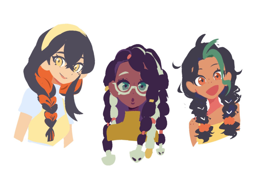 3girls :o alternate_hairstyle amarys_(pokemon) black_hair braid carmine_(pokemon) closed_mouth commentary constarlations crossed_bangs dark-skinned_female dark_skin eyelashes glasses green_eyes green_hair hair_between_eyes hairband highres long_hair looking_at_viewer multicolored_hair multiple_girls nemona_(pokemon) pokemon pokemon_sv semi-rimless_eyewear shirt simple_background sleeveless sleeveless_shirt smile two-tone_hair upper_body white_background yellow_eyes yellow_hairband yellow_shirt