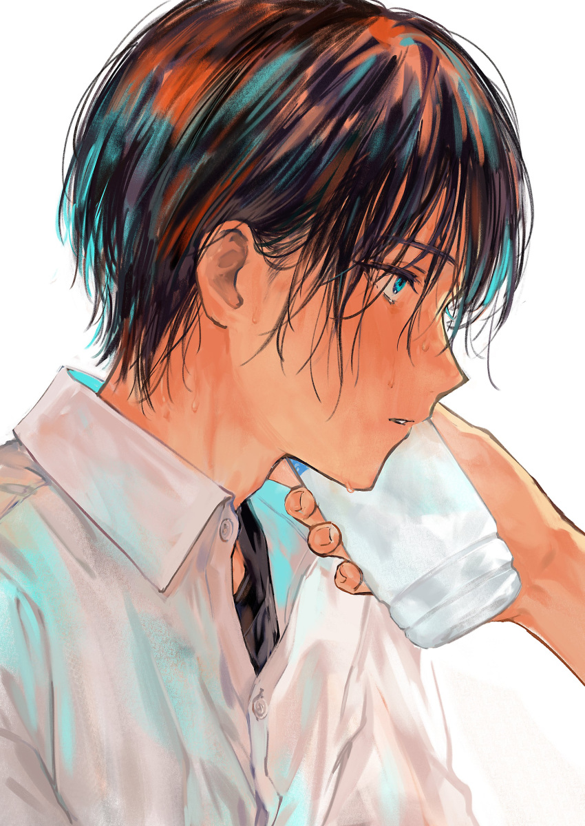 1boy 1other absurdres black_hair blue_eyes blush bottle bottle_to_cheek collared_shirt dm_owr from_side highres holding holding_bottle looking_ahead male_focus original parted_lips portrait shirt short_hair simple_background solo_focus summer sweatdrop wet wet_hair white_shirt