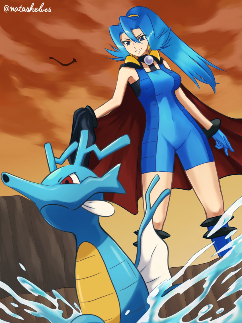 1girl black_cape blue_bodysuit blue_footwear blue_gloves blue_hair bodysuit boots breasts cape clair_(pokemon) cloud commentary_request dragonair gloves grin hair_between_eyes highres kingdra long_hair looking_down outdoors pokemon pokemon_(creature) pokemon_hgss ponytail sherufu_(natashelves) silhouette sky smile standing teeth twilight water