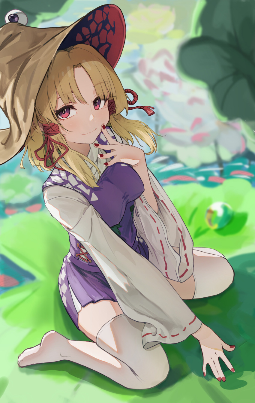 1girl absurdres blonde_hair brown_hat highres looking_at_viewer mole mole_under_eye moriya_suwako no_shoes qiao_yucheng red_nails smile solo thighhighs touhou water white_sleeves white_thighhighs