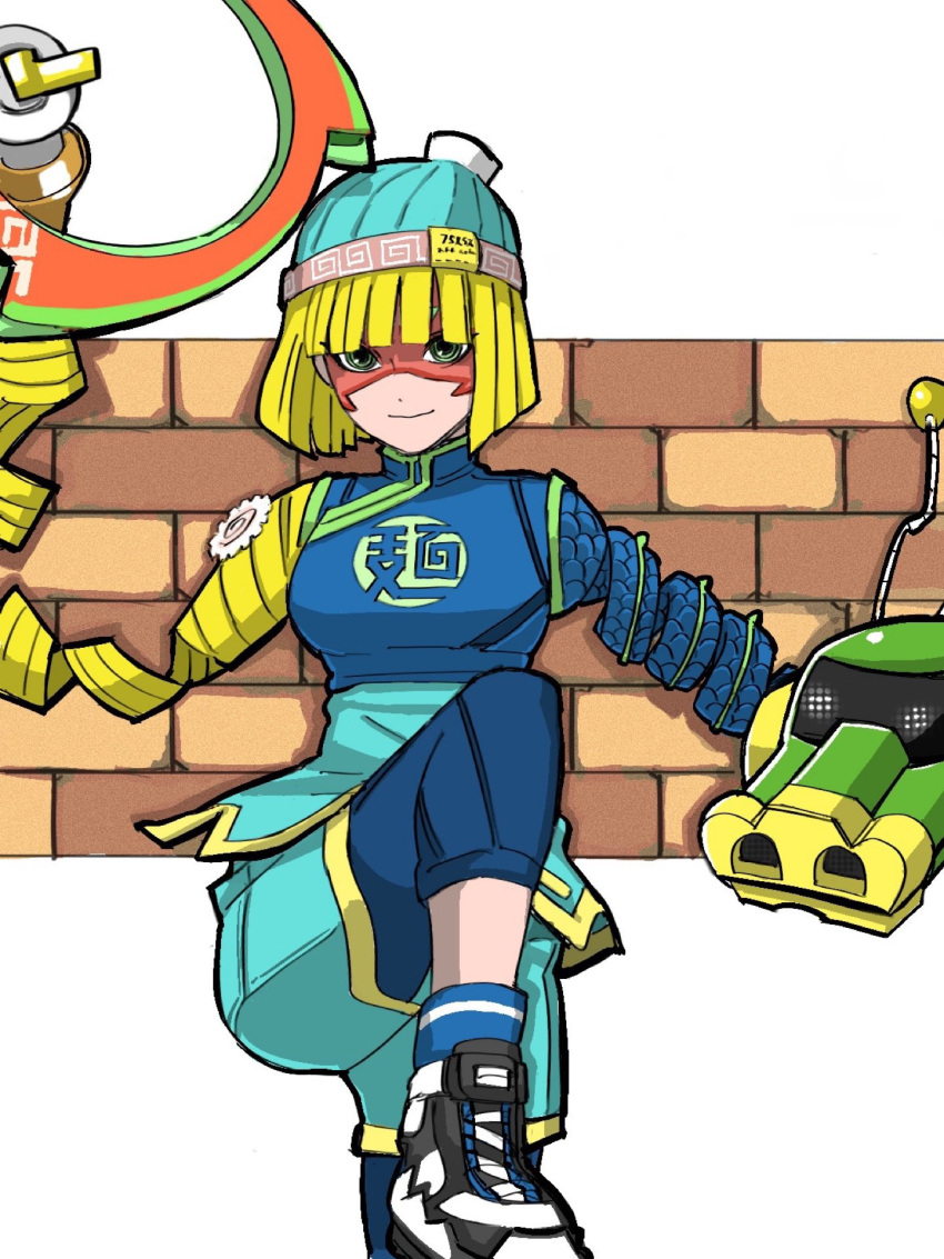 1boy aqua_shirt aqua_shorts arms_(game) beanie blonde_hair blunt_bangs bob_cut brick_wall chinese_clothes domino_mask dragon_(arms) fakaisoko94 green_eyes hat highres leg_up leggings leggings_under_shorts mask min_min_(arms) official_alternate_color ramram_(arms) ringed_eyes shirt shoes short_hair shorts sneakers solo standing standing_on_one_leg