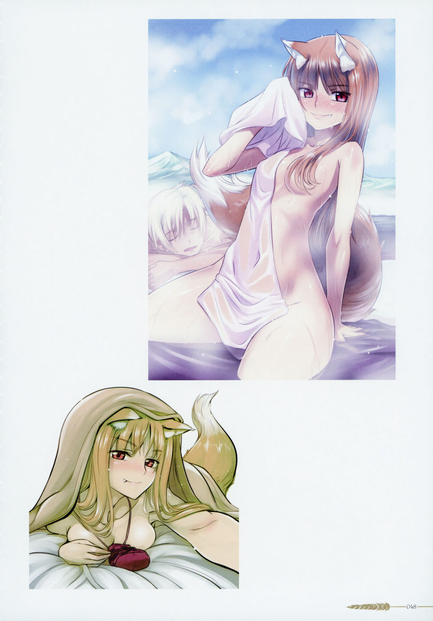 1boy 1girl absurdres animal_ears bangs bed_sheet blush breast_press breasts brown_hair cleavage closed_eyes closed_mouth collarbone covered_navel craft_lawrence day eyebrows_visible_through_hair fang fang_out hair_censor hair_over_breasts highres holo koume_keito long_hair looking_at_viewer lying medium_breasts nude official_art on_stomach onsen outdoors page_number pouch red_eyes scan shiny shiny_hair silver_hair sitting small_breasts smile solo spice_and_wolf tail under_covers wet_towel wolf_ears wolf_girl wolf_tail