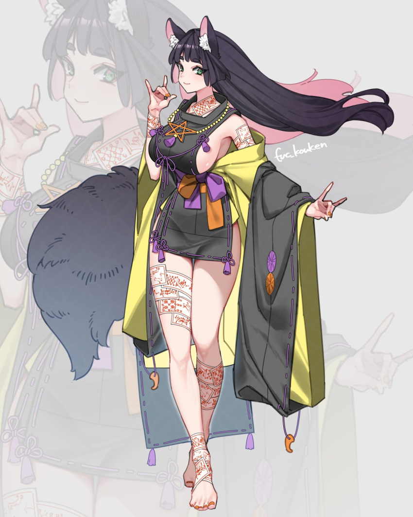 1girl animal_ear_fluff animal_ears bare_legs bare_shoulders barefoot black_hair black_kimono blush breasts double_fox_shadow_puppet floating_hair fox_ears fox_girl fox_shadow_puppet fox_tail full_body green_eyes highres japanese_clothes kimono large_breasts long_hair multicolored_hair ofuda ofuda_on_arm ofuda_on_leg original pentagram_necklace pink_hair short_kimono sideboob smile solo tail taka_oedo thigh_gap toes two-tone_hair wide_sleeves zoom_layer