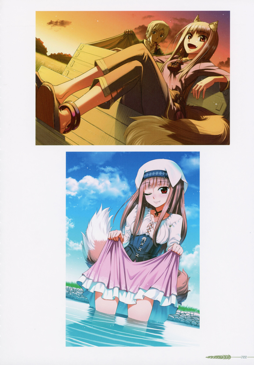 1boy 1girl :d ;) absurdres animal_ears bangs breasts brown_hair brown_pants bustier closed_mouth collarbone craft_lawrence crossed_legs day dutch_angle eyebrows_visible_through_hair fang fang_out hat highres holo koume_keito long_hair long_sleeves mouth_hold official_art one_eye_closed open_mouth outdoors page_number pants pink_shirt pink_skirt pouch scan shiny shiny_hair shirt sitting skirt skirt_hold small_breasts smile spice_and_wolf straight_hair sunset tail wading white_headwear white_shirt wolf_ears wolf_girl wolf_tail