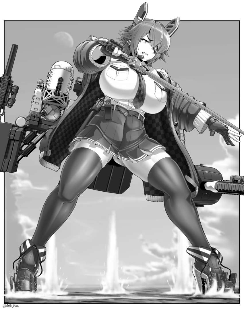 1girl anti-aircraft_gun artillery battle blush breast_pocket breasts checkered_clothes checkered_necktie eyepatch full_body fur-trimmed_jacket fur_trim gloves greyscale headgear high-waist_skirt highres jacket kantai_collection large_breasts monochrome necktie partially_fingerless_gloves phalanx_ciws pocket saizu_nitou_gunsou shirt short_hair skirt sleeveless sleeveless_shirt smokestack sword tenryuu_(kancolle) tenryuu_kai_ni_(kancolle) thighhighs weapon