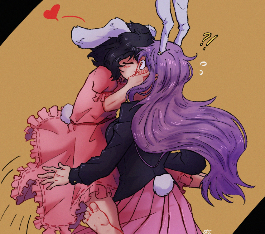 ! 2girls ? animal_ears barefoot black_hair black_suit blush business_suit closed_eyes dress face_grab flying_sweatdrops heart highres inaba_tewi jumping kiss long_hair long_sleeves multiple_girls otaeriaaoba pink_dress pink_skirt purple_hair rabbit_ears rabbit_girl rabbit_tail red_eyes reisen_udongein_inaba short_sleeves simple_background skirt suit surprise_kiss surprised tail touhou very_long_hair wide-eyed yuri