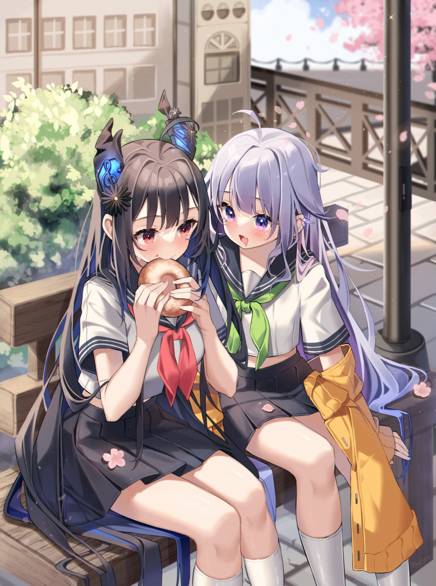 2girls absurdres ahoge alternate_costume asymmetrical_horns bench black_hair black_skirt blue_hair blue_sky blush breasts cherry_blossoms cloud colored_inner_hair commentary crumbs demon_horns double-parted_bangs doughnut english_commentary fang fingernails flower food gem grey_hair hair_between_eyes hair_flaps highres holding holding_food hololive hololive_english horn_flower horns jacket jewel_under_eye koseki_bijou kuri_(animejpholic) long_hair looking_at_another multicolored_hair multiple_girls nerissa_ravencroft open_mouth pink_flower pink_hair pleated_skirt purple_eyes purple_gemstone purple_hair red_eyes saliva school_uniform short_sleeves sidelocks sitting skirt sky socks straight_hair thighs tongue uneven_horns very_long_hair virtual_youtuber white_socks yellow_jacket