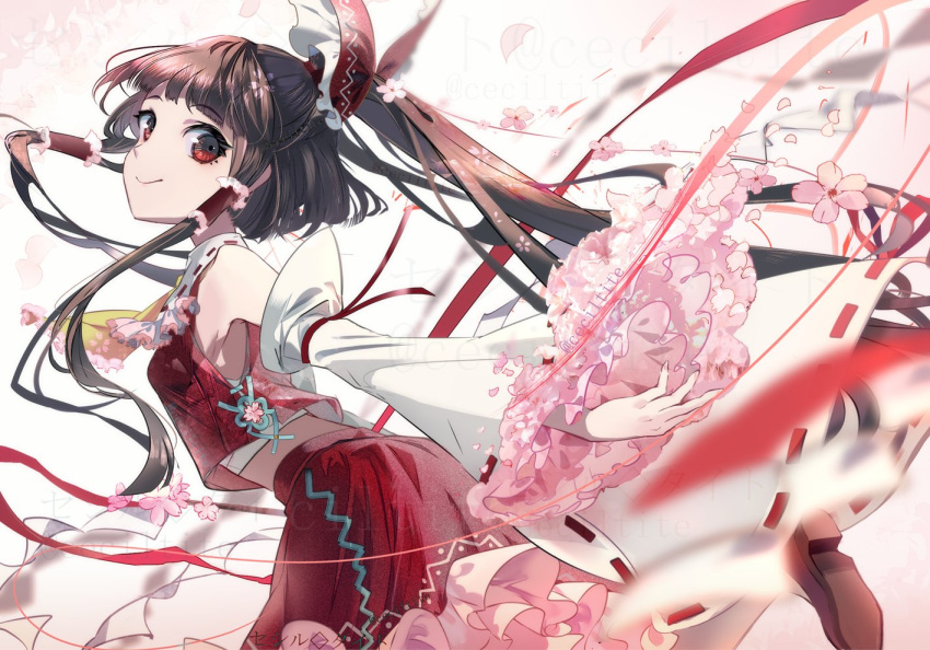 1girl artist_name ascot bare_shoulders black_hair bow brown_footwear cherry_blossoms closed_mouth commentary_request detached_sleeves flower foot_out_of_frame frilled_hair_tubes frilled_skirt frills from_side hair_bow hair_tubes hakurei_reimu long_hair looking_at_viewer looking_back pink_flower red_bow red_eyes red_skirt red_vest ribbon-trimmed_sleeves ribbon_trim rooseputo_02 shoes skirt smile solo touhou vest wide_sleeves yellow_ascot