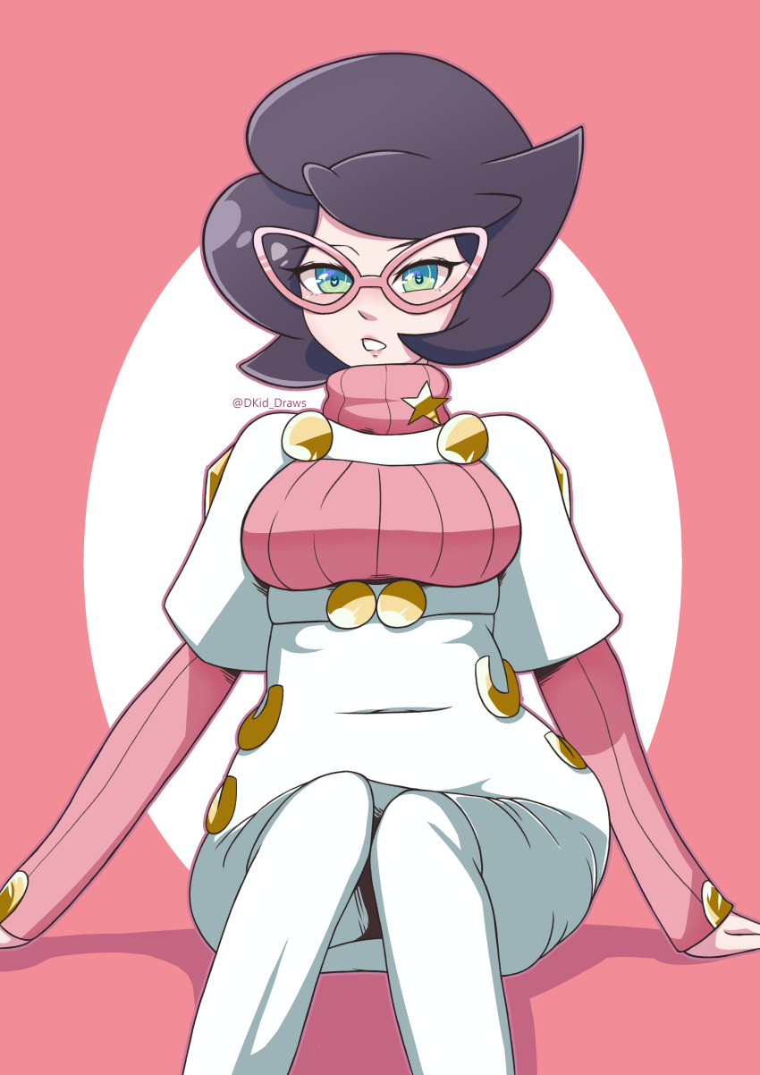 1girl absurdres artist_name big_hair breasts buttons capelet d-thekid glasses green_eyes half-closed_eyes heart heart-shaped_pupils high-waist_skirt highres knees_together_feet_apart large_breasts long_sleeves medium_breasts medium_skirt pencil_skirt pink-framed_eyewear pink_sweater pokemon pokemon_sm purple_hair ribbed_sweater sitting skirt solo suit sweater symbol-shaped_pupils turtleneck turtleneck_sweater twitter_username white_capelet white_skirt wicke_(pokemon)