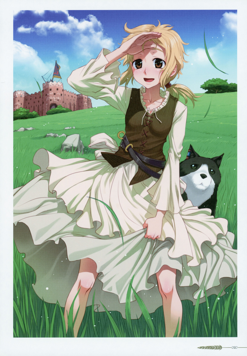 1girl :d absurdres blonde_hair blue_sky breasts brown_eyes brown_vest collarbone day dress enekk floating_hair highres koume_keito layered_dress long_dress long_hair looking_at_viewer nora_arento official_art open_mouth outdoors page_number ponytail scan shiny shiny_hair sky small_breasts smile solo spice_and_wolf vest white_dress