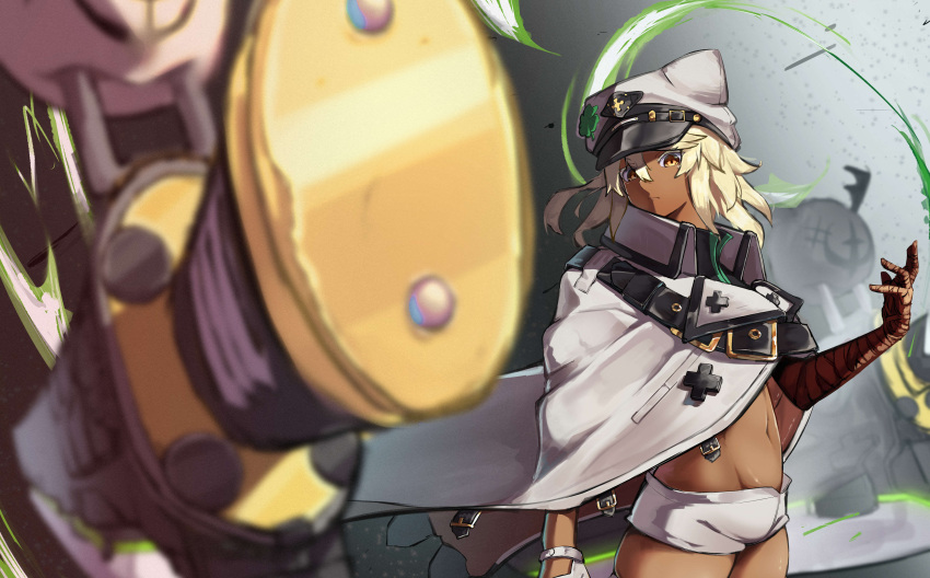 1girl absurdres bandaged_arm bandages blonde_hair clover dark-skinned_female dark_skin floating floating_object floating_sword floating_weapon four-leaf_clover guilty_gear guilty_gear_strive hair_between_eyes highres long_hair looking_at_viewer lucifero_(guilty_gear) navel orange_eyes osashimi_0343x ramlethal_valentine red_bandage short_shorts shorts sword weapon white_hat white_shorts