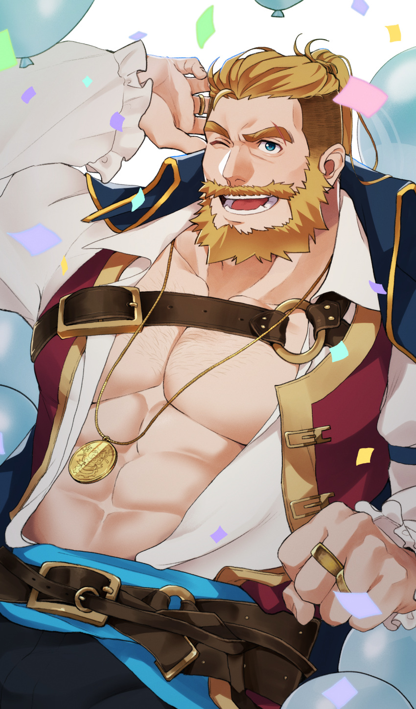 1boy abs absurdres balloon bara beard bergamond_(crave_saga) birthday chest_hair confetti crave_saga eyebrow_cut facial_hair highres jewelry large_pectorals long_hair looking_at_viewer male_focus mature_male muscular muscular_male necklace one_eye_closed open_clothes open_mouth pectorals ponytail ring smile solo thick_eyebrows thick_mustache usuki_(usukine1go)