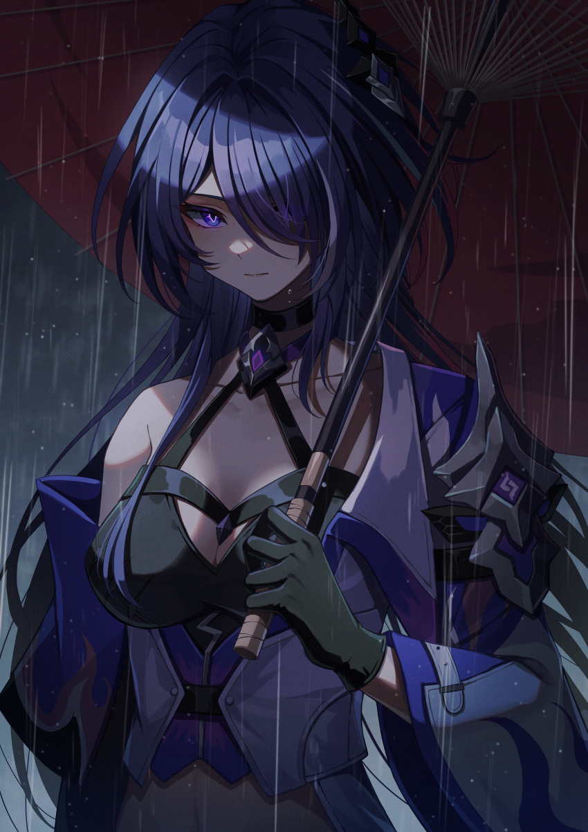 1girl absurdres acheron_(honkai:_star_rail) black_choker black_gloves breasts choker cleavage commentary gloves hair_over_one_eye highres holding holding_umbrella honkai:_star_rail honkai_(series) kuroneko0158 long_hair looking_at_viewer medium_breasts midriff purple_eyes purple_hair rain red_umbrella single_bare_shoulder solo umbrella upper_body very_long_hair