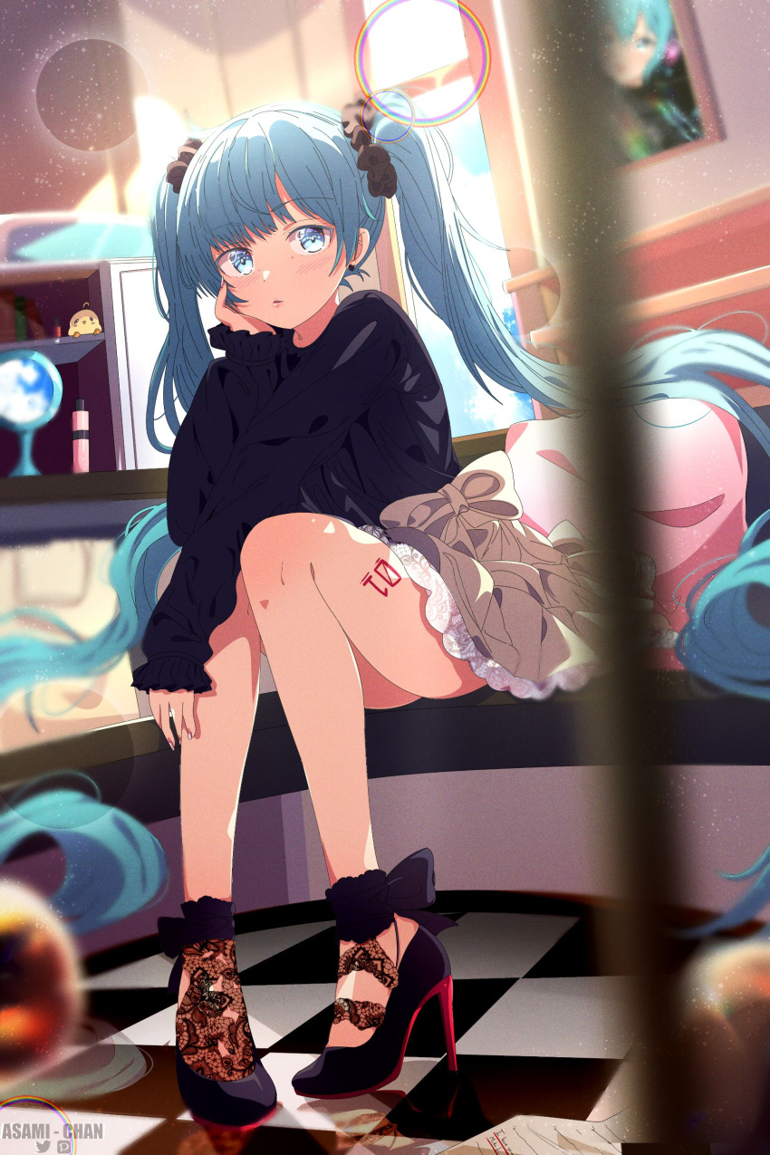 1girl absurdres aqua_eyes aqua_hair asami-chan black_shirt blush brown_skirt frills full_body hair_ornament hatsune_miku high_heels highres indoors legs long_hair looking_at_viewer number_tattoo pillow shirt skirt solo tattoo twintails very_long_hair vocaloid