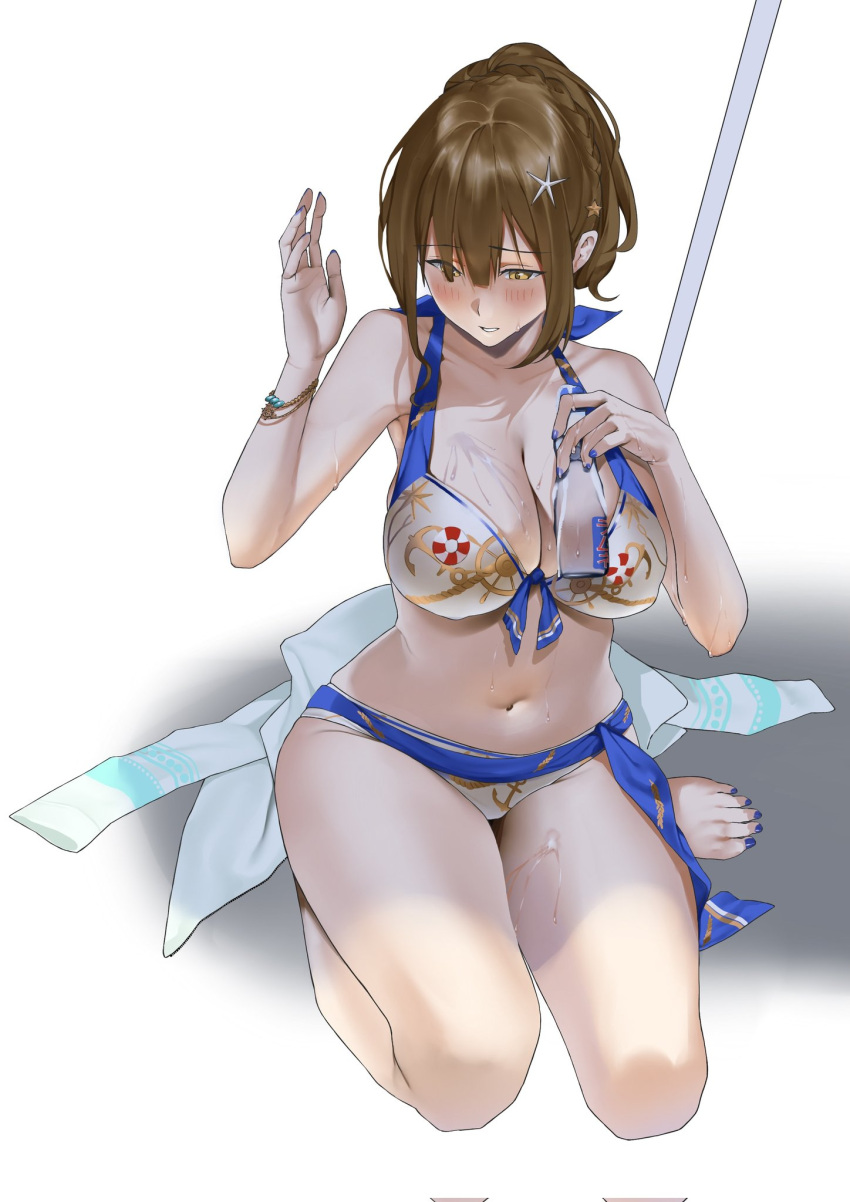 1girl ahoge bare_shoulders blush bottle braid breasts brown_eyes brown_hair cleavage collarbone hair_between_eyes hair_ornament highres idolmaster idolmaster_shiny_colors kuwayama_chiyuki large_breasts long_hair nail_polish navel open_mouth saya_endo_(27) sitting solo swimsuit thighs water_bottle