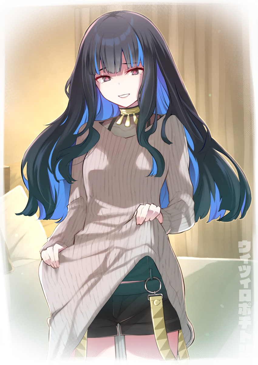 1girl absurdres bed bedroom black_hair black_shorts blue_hair breasts colored_inner_hair dress fate/grand_order fate_(series) grey_eyes grin highres jewelry kojima_takeshi long_hair long_sleeves looking_at_viewer multicolored_hair neck_ring ribbed_sweater shorts sidelocks small_breasts smile solo speech_bubble sweater sweater_dress tenochtitlan_(fate) tenochtitlan_(second_ascension)_(fate) textless_version thighs wavy_hair white_sweater