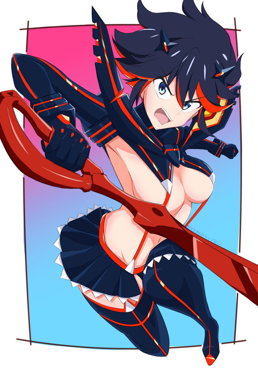 1girl armpits black_hair black_thighhighs blue_eyes border breasts gradient_background highres holding holding_weapon kill_la_kill looking_at_viewer masakin matoi_ryuuko medium_breasts messy_hair midriff multicolored_hair navel open_mouth revealing_clothes scissor_blade_(kill_la_kill) senketsu short_hair showgirl_skirt skirt streaked_hair suspender_skirt suspenders teeth thighhighs two-tone_hair underboob upper_teeth_only weapon white_border