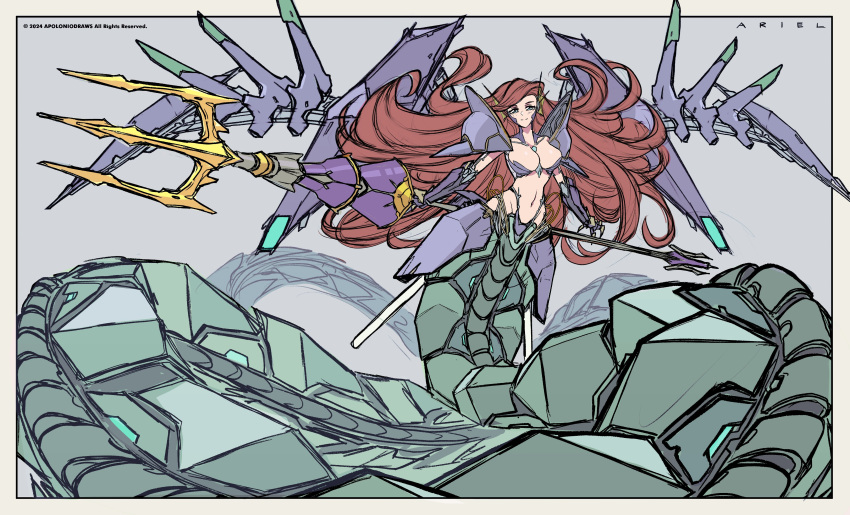 1girl absurdres apoloniodraws ariel_(disney) breasts freckles green_eyes highres long_hair mecha mechanical_arms mechanical_tail mechanical_wings polearm red_hair robot smile tail trident very_long_tail weapon wings