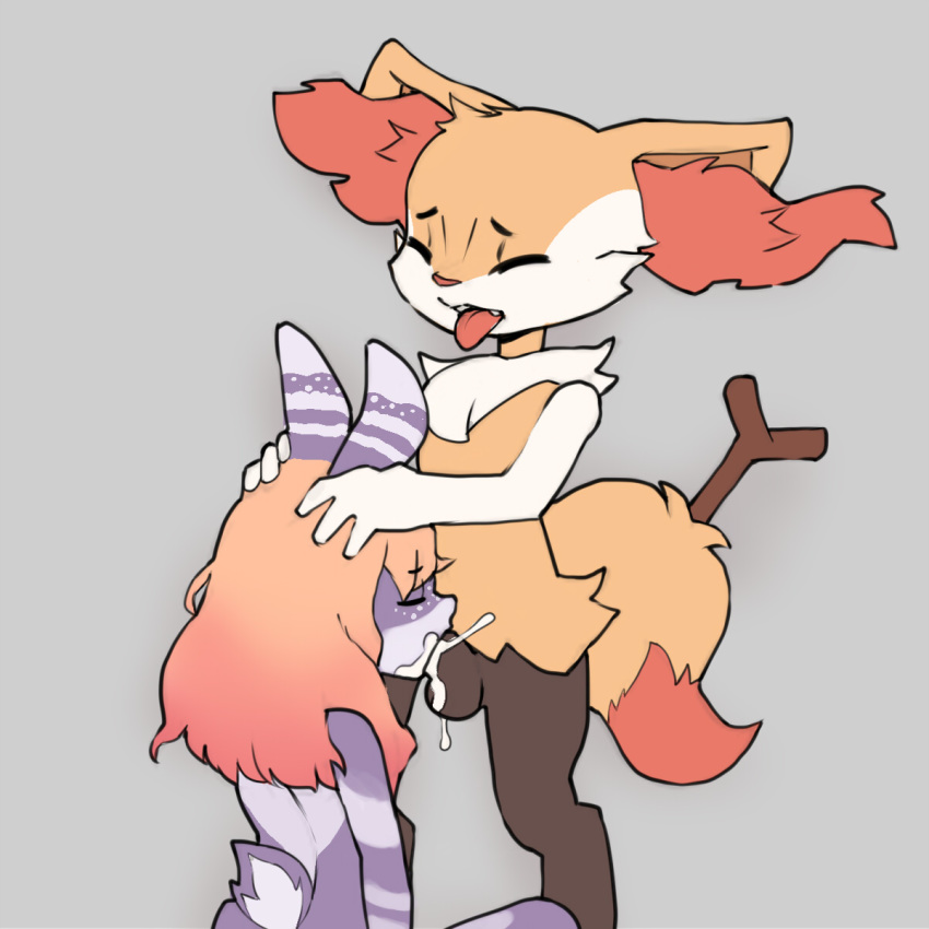 1:1 2020 anthro anthro_on_anthro balls bodily_fluids braixen cum cum_in_mouth cum_inside dipstick_tail duo eyes_closed fellatio female finegan fur genital_fluids genitals grey_background hair hand_on_head hi_res inner_ear_fluff lagomorph leporid long_hair looking_pleasured male male/female mammal multicolored_tail nintendo oral orange_body orange_fur orange_hair orgasm orgasm_face penile pillarbox pok&eacute;mon pok&eacute;mon_(species) portrait purple_body purple_fur rabbit scut_tail sex simple_background stick stripes three-quarter_portrait tongue tongue_out tuft video_games white_stripes