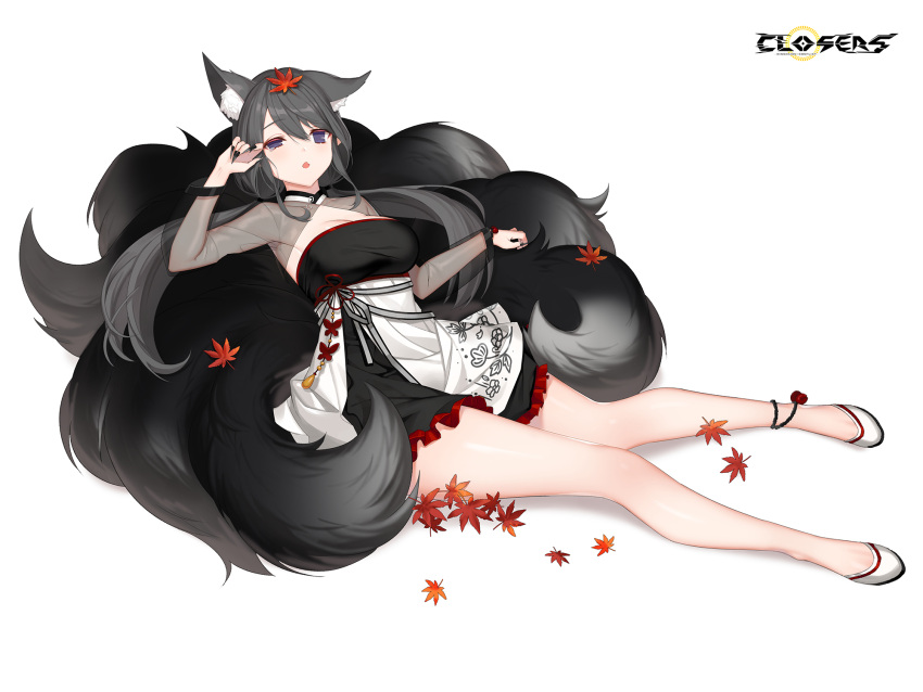 1girl :o alternate_hair_color animal_ear_fluff animal_ears ankle_bell autumn_leaves black_dress black_footwear black_hair black_sleeves black_tail breasts cleavage cleavage_cutout closers clothing_cutout copyright_name dress ear_down fox_ears fox_girl fox_tail full_body hand_up highres kitsune kyuubi large_breasts layered_dress leaf leaf_on_head levia_(closers) logo long_hair long_sleeves low_twintails lying lying_on_tail maple_leaf multiple_tails no_pupils official_art on_back purple_eyes rubbing_eyes see-through see-through_sleeves sleepy solo tail twintails two-tone_dress uneven_eyes white_background white_dress