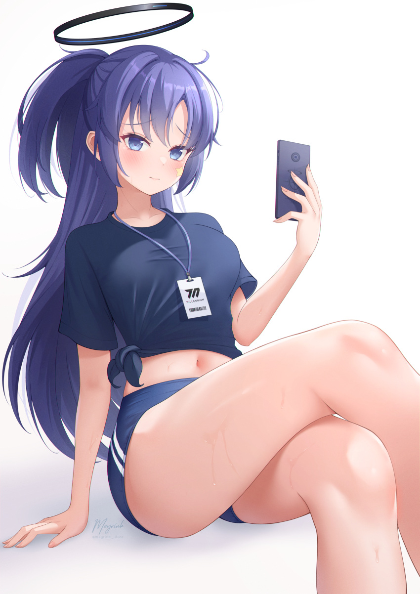 1girl 3: absurdres arm_at_side between_legs blue_archive blue_buruma blue_eyes blue_shirt blush breasts bright_pupils buruma cellphone closed_mouth commentary crossed_legs curvy eyelashes fingernails frown furrowed_brow gym_uniform hair_between_eyes half_updo halo hand_up highres holding holding_phone id_card lips long_hair looking_at_viewer mechanical_halo medium_breasts meyrink navel phone shirt short_ponytail signature simple_background sitting smartphone solo sweat thighs tsurime twitter_username very_long_hair white_background yuuka_(blue_archive) yuuka_(track)_(blue_archive)