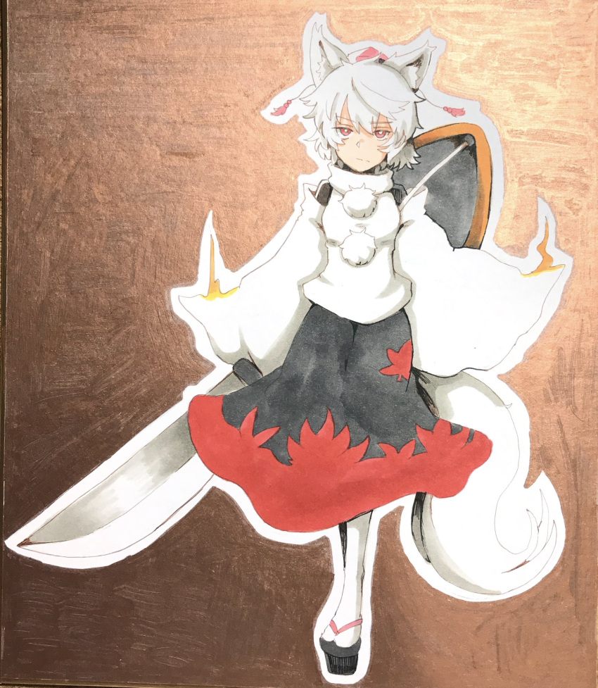 1girl animal_ears black_skirt closed_mouth commentary detached_sleeves full_body highres hurin_raika inubashiri_momiji looking_at_viewer outline pom_pom_(clothes) red_eyes shirt short_hair skirt solo sword tail touhou traditional_media two-tone_skirt weapon white_hair white_outline white_shirt wide_sleeves wolf_ears wolf_girl wolf_tail