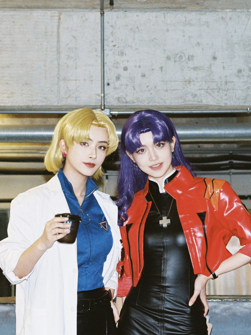 2girls akagi_ritsuko akagi_ritsuko_(cosplay) breasts cosplay cosplay_photo cross cross_necklace earrings highres jewelry jim_sumire katsuragi_misato katsuragi_misato_(cosplay) lab_coat looking_at_viewer mole mole_under_eye multiple_girls necklace neon_genesis_evangelion photo_(medium) purple_hair