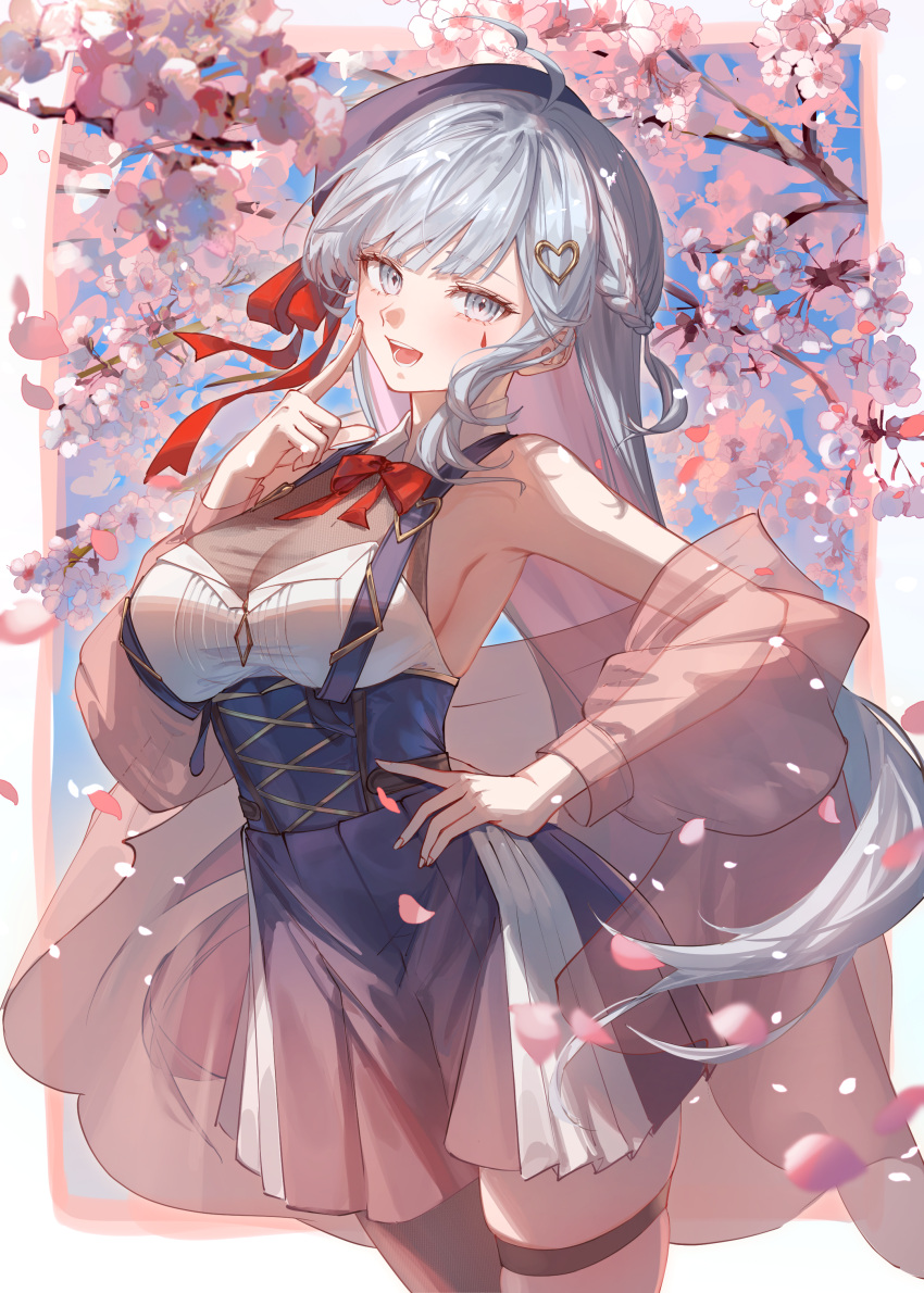 1girl absurdres ahoge armpits bare_shoulders black_hat blue_skirt bow bowtie breasts cherry_blossoms cleavage cowboy_shot facial_mark finger_to_cheek grey_eyes grey_hair hair_ornament hairclip hand_on_own_hip hand_up hat heart highres index_finger_raised indie_virtual_youtuber jacket long_hair looking_at_viewer medium_breasts off_shoulder open_clothes open_jacket open_mouth pleated_skirt see-through see-through_cleavage see-through_sleeves shirt single_leg_pantyhose skindentation skirt sleeveless sleeveless_shirt smile solo standing suspender_skirt suspenders thigh_strap una_kamra very_long_hair virtual_youtuber white_shirt