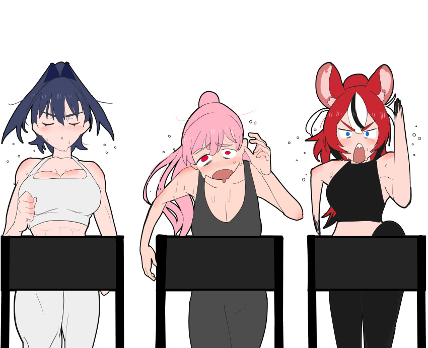 absurdres animal_ears black_hair blue_eyes blush breasts cleavage hakos_baelz highres hololive hololive_english koizumi_arata long_hair looking_at_viewer mori_calliope mouse_ears mouse_girl multicolored_hair multiple_girls open_mouth ouro_kronii pink_hair ponytail red_eyes red_hair running sports_bra streaked_hair sweat virtual_youtuber white_hair