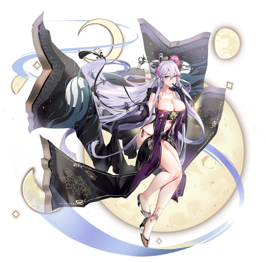 1girl aqua_eyes ark_order armpits bare_shoulders black_dress black_gloves breasts changxi_(ark_order) cleavage closed_mouth collarbone dress elbow_gloves finger_in_own_mouth floating floating_hair flower full_body full_moon gloves hair_between_eyes hair_flower hair_ornament hair_rings high_heels highres long_hair looking_at_viewer midriff mole mole_on_breast moon navel official_art panties purple_hair revealing_clothes side-tie_panties sidelocks solo tachi-e underwear very_long_hair you_ni_ge_shaobing