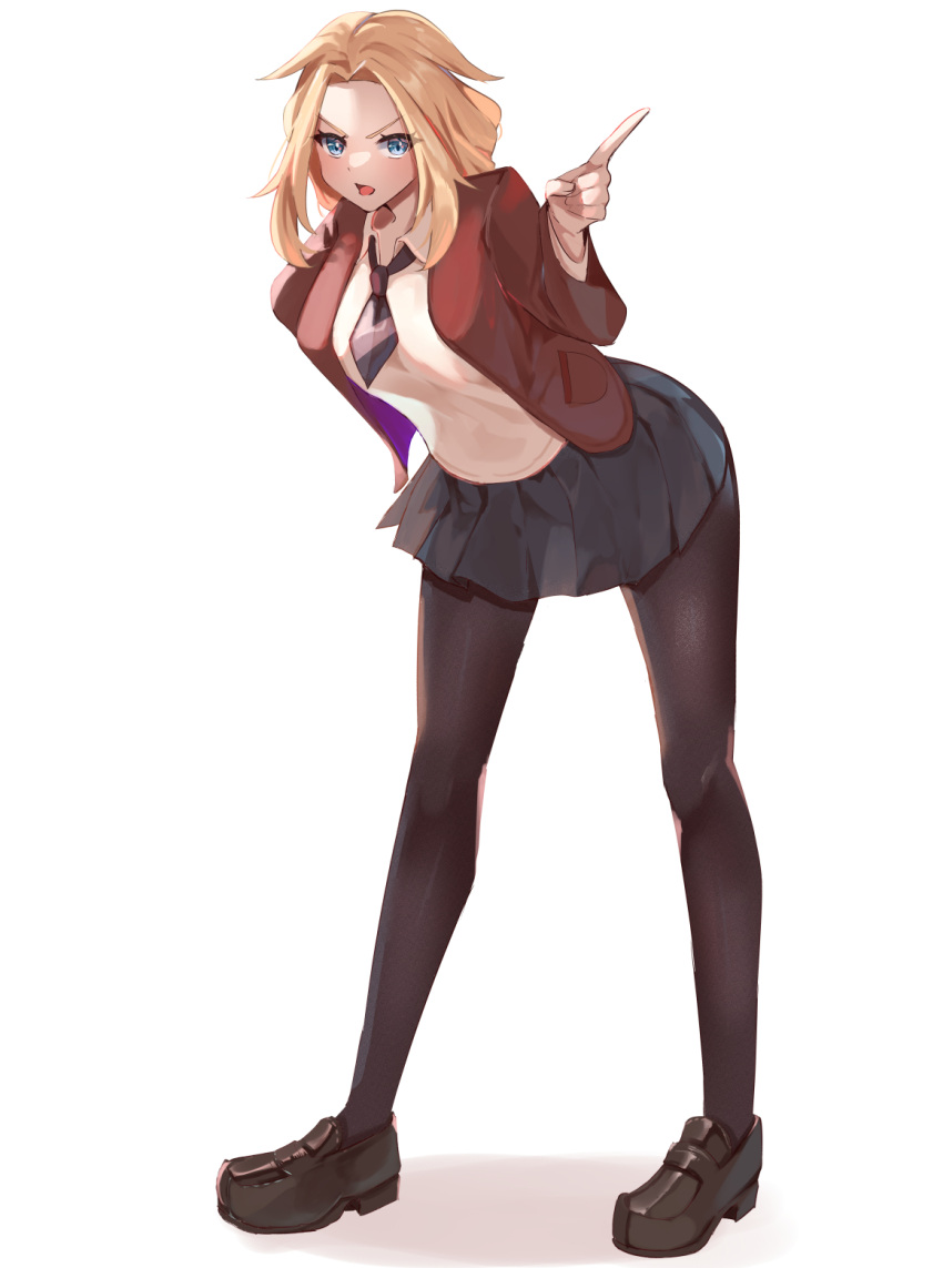 1girl bent_over black_necktie black_pantyhose black_skirt blonde_hair blue_eyes blush collared_shirt highres index_finger_raised jacket lass_(pokemon) loafers looking_at_viewer medium_hair miniskirt momdy_(talesshinja) necktie open_clothes open_jacket open_mouth pantyhose parted_bangs pokemon pokemon_swsh red_jacket see-through_silhouette shirt shoes simple_background skirt solo standing white_background white_shirt