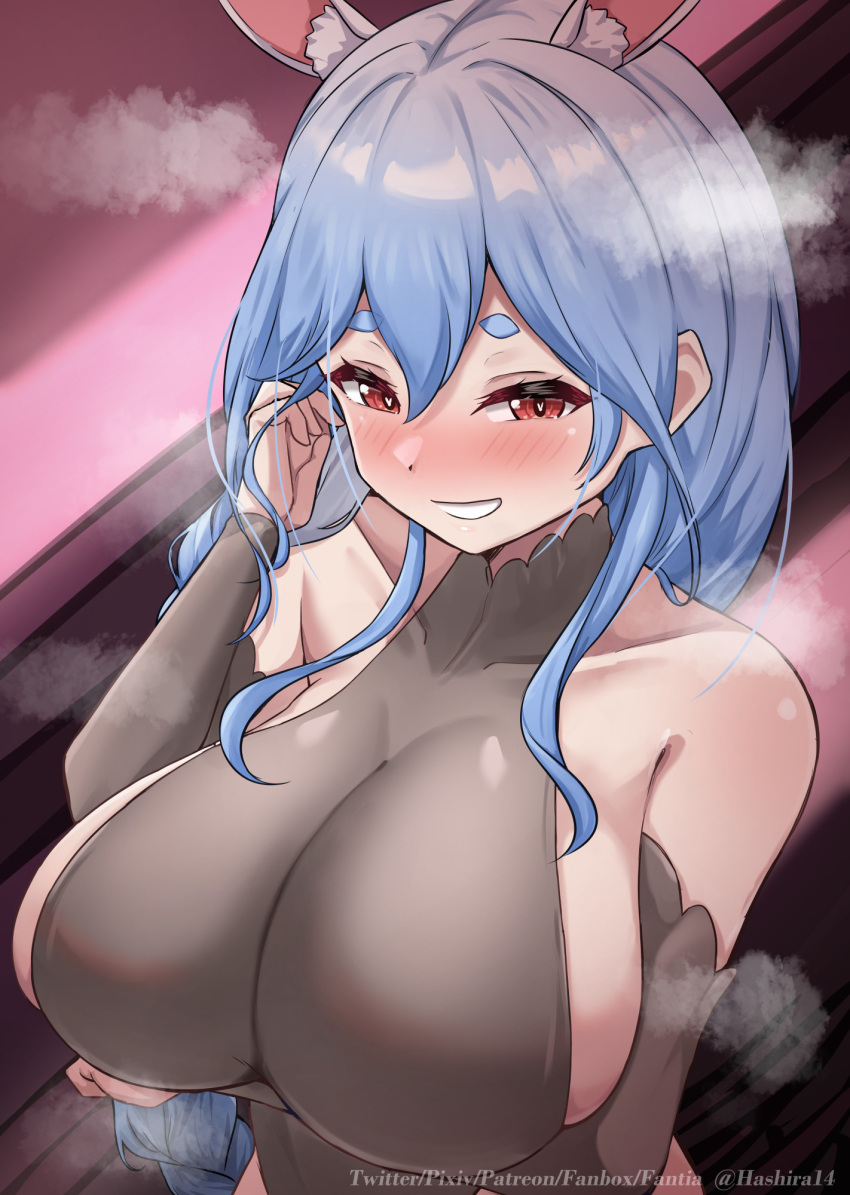 1girl adjusting_hair animal_ear_fluff animal_ears arm_under_breasts black_bodysuit black_sleeves blue_hair bodysuit braid braided_ponytail breasts collarbone commentary_request detached_sleeves hashira_14 highres hololive huge_breasts long_hair looking_at_viewer mature_female multicolored_hair paid_reward_available parted_lips pekomama rabbit-shaped_pupils rabbit_ears rabbit_girl red_eyes short_eyebrows smile solo steaming_body symbol-shaped_pupils thick_eyebrows variant_set virtual_youtuber white_hair